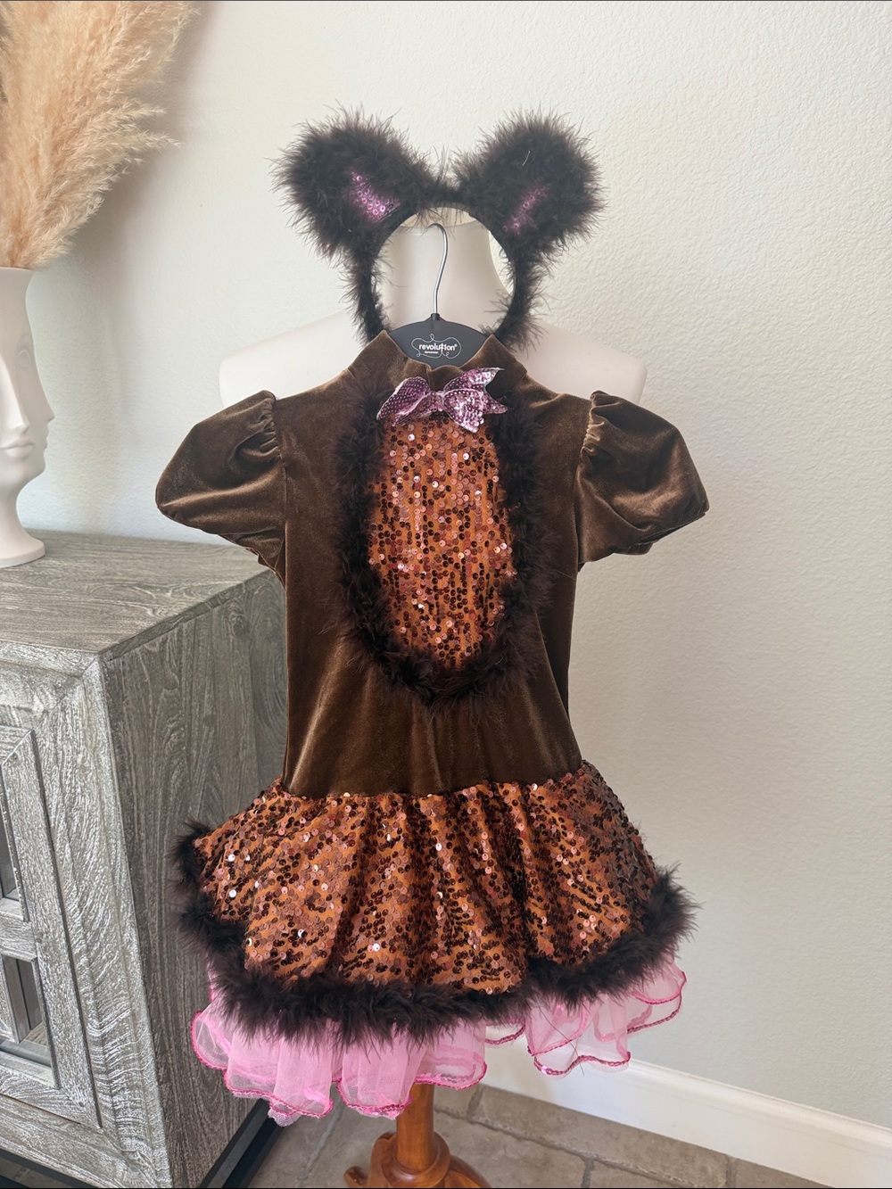 Kids Brown & Pink Sequin Fox Costume dance recital Dress with Headband size 4-5